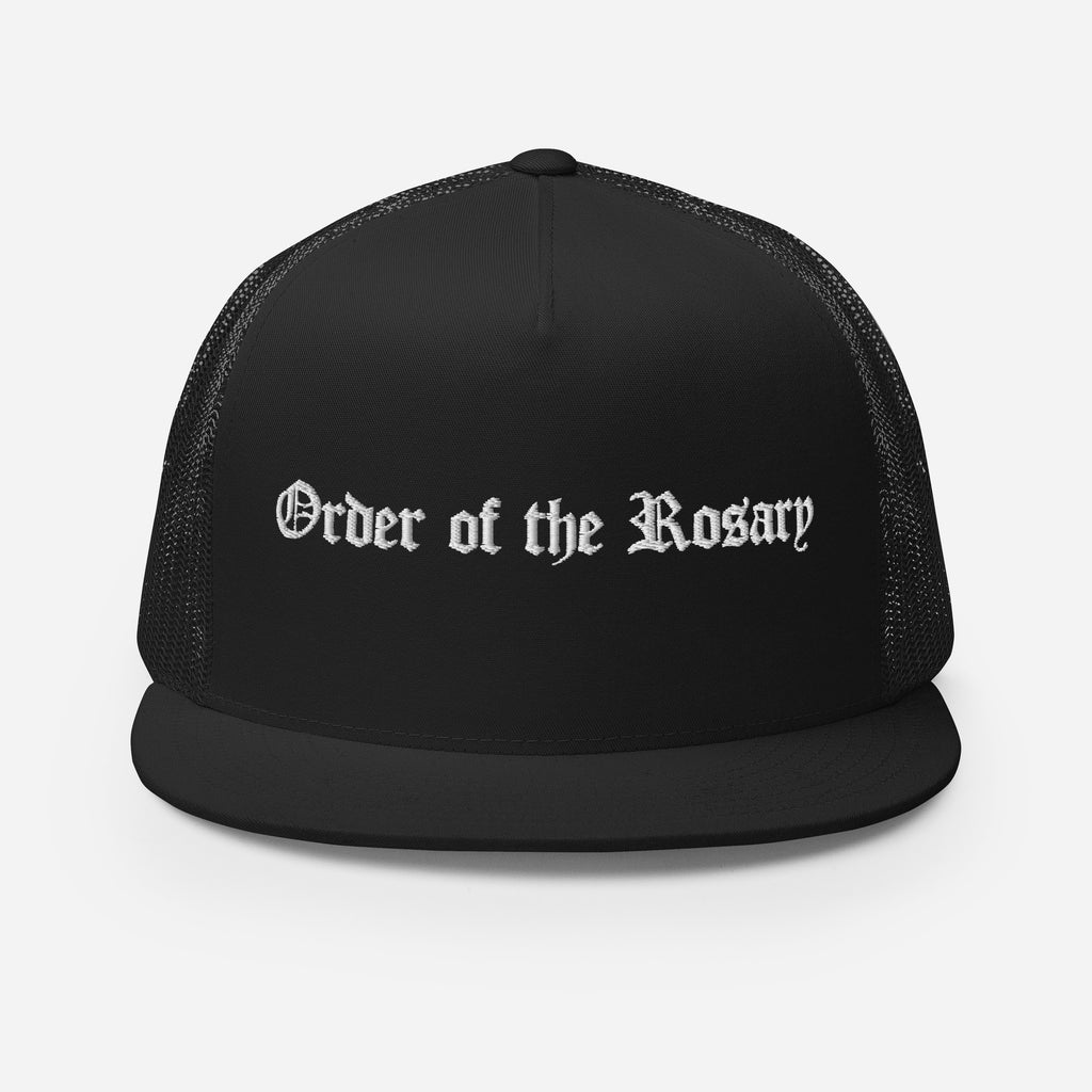 Black trucker cap, front view with white words “Order of the Rosary.”