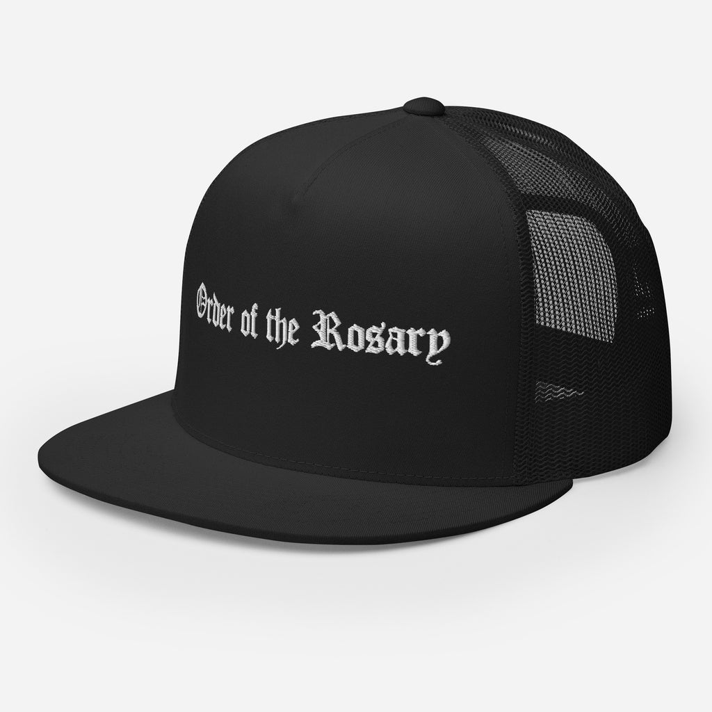 Black trucker cap, left-front three-quarter view with white words “Order of the Rosary.”