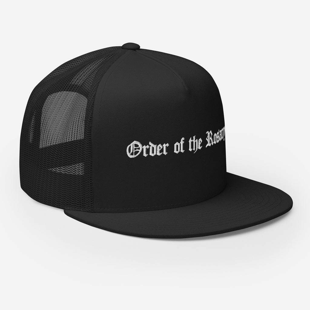 Black trucker cap, right-front three-quarter view with partially visible white words “Order of the Rosary.”