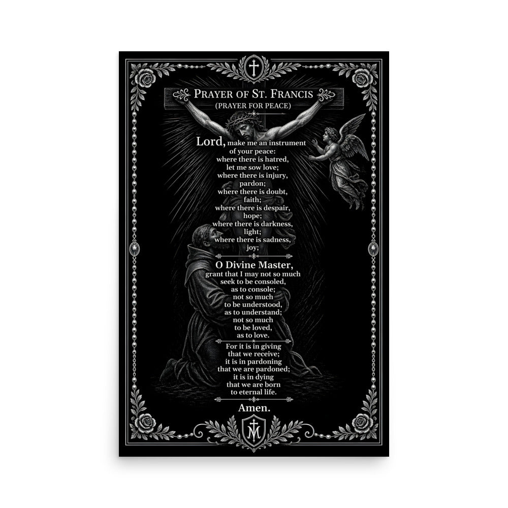 Prayer of St. Francis poster, 24×36, full prayer text in white on black
