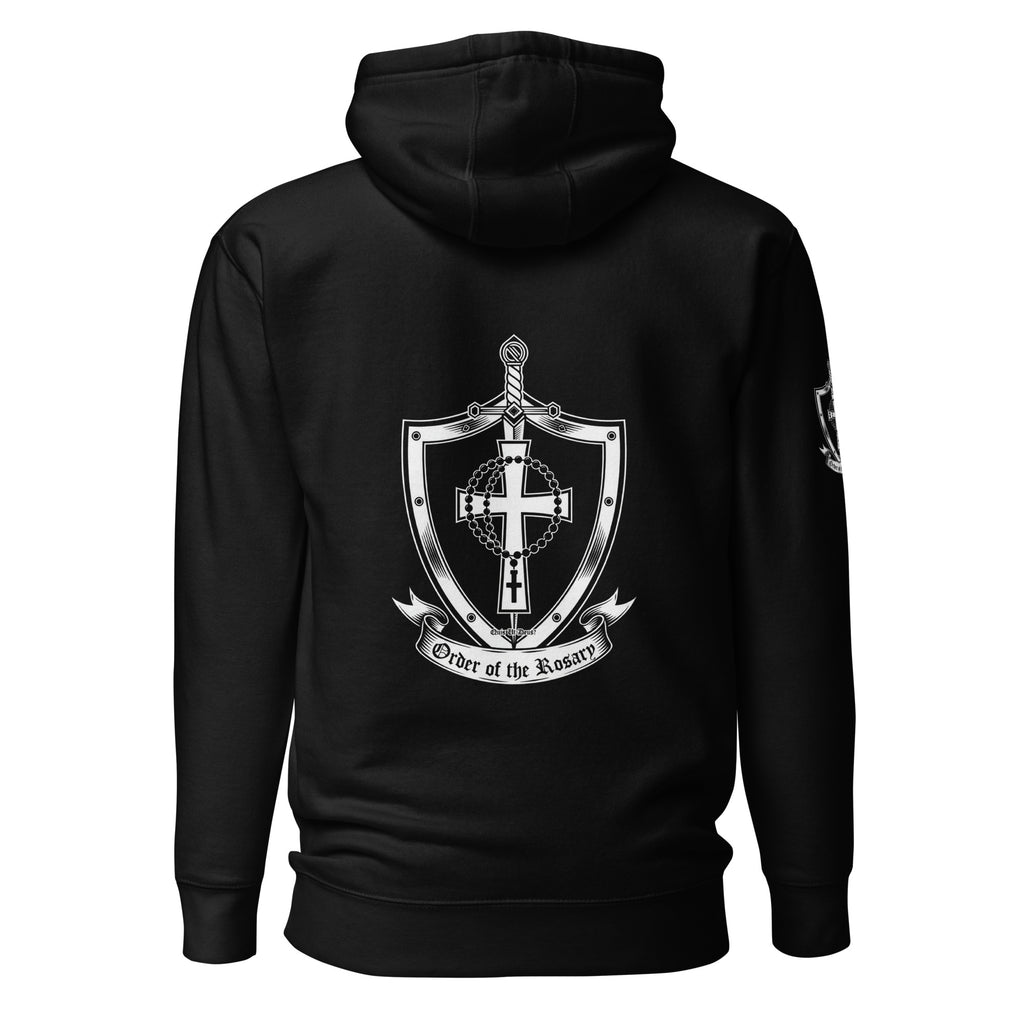 Black hoodie, back view with a large Order of the Rosary crest and the words “Order of the Rosary.”