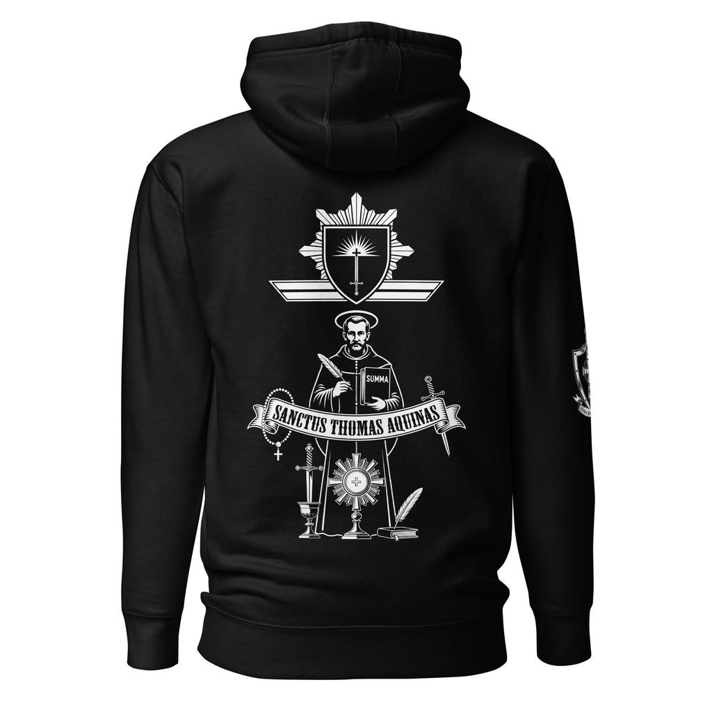 Black Sanctus Thomas Aquinas Hoodie, back, St. Thomas Aquinas art