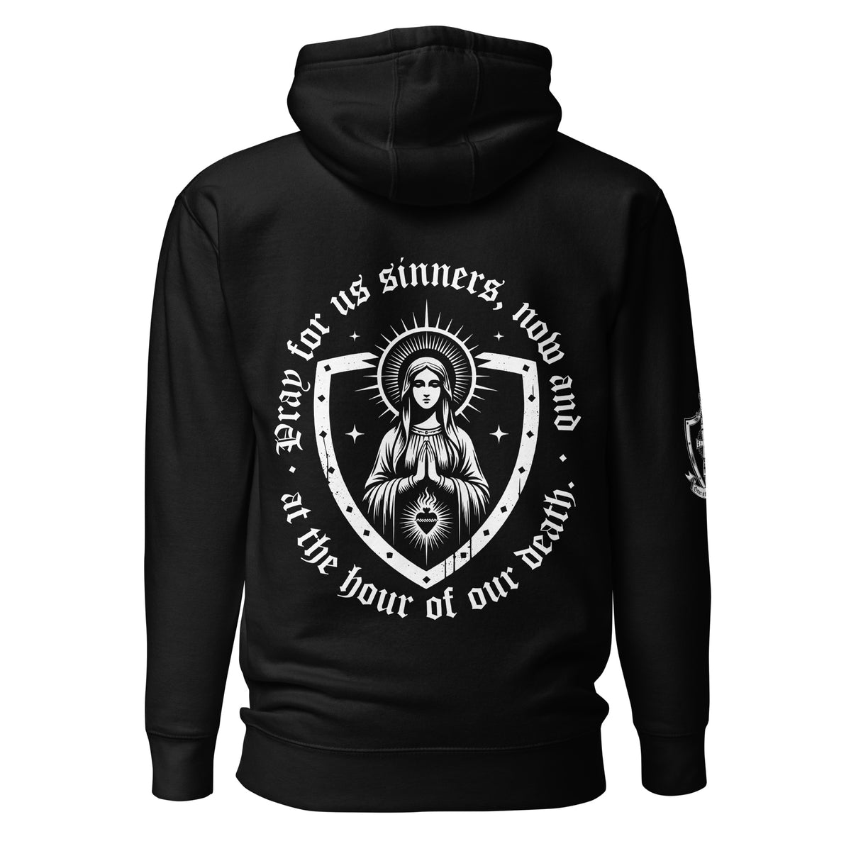 Black Hail Mary Hoodie, back, Hail Mary art, "Pray for us sinners" text
