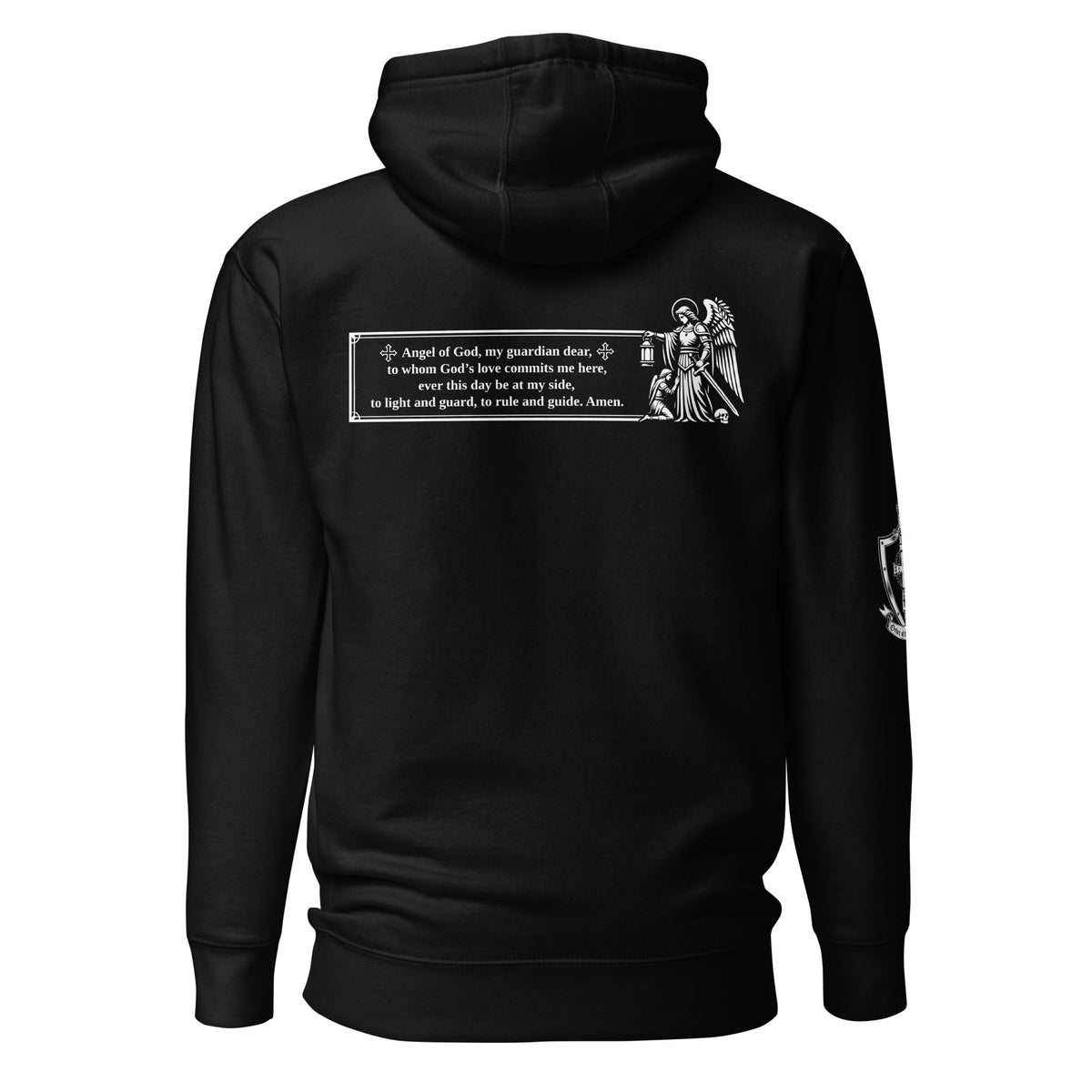 Black Angelus Custos Hoodie, back, Guardian Angel prayer text