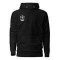 Black hoodie, front view with a white Order of the Rosary crest on the chest.