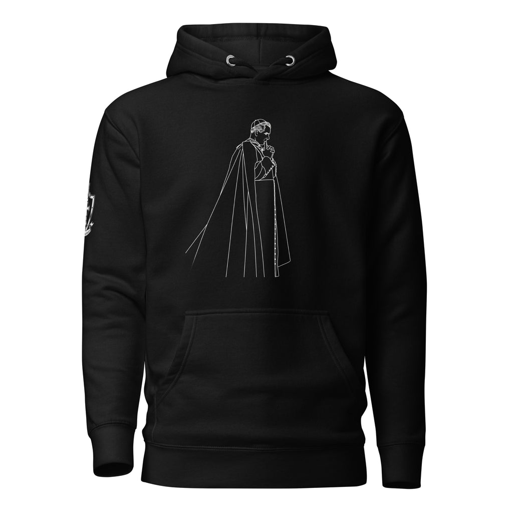 Black hoodie, front view with a line-art image of a man at prayer on the chest.
