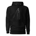 Black hoodie, front view with a line-art image of a man at prayer on the chest.