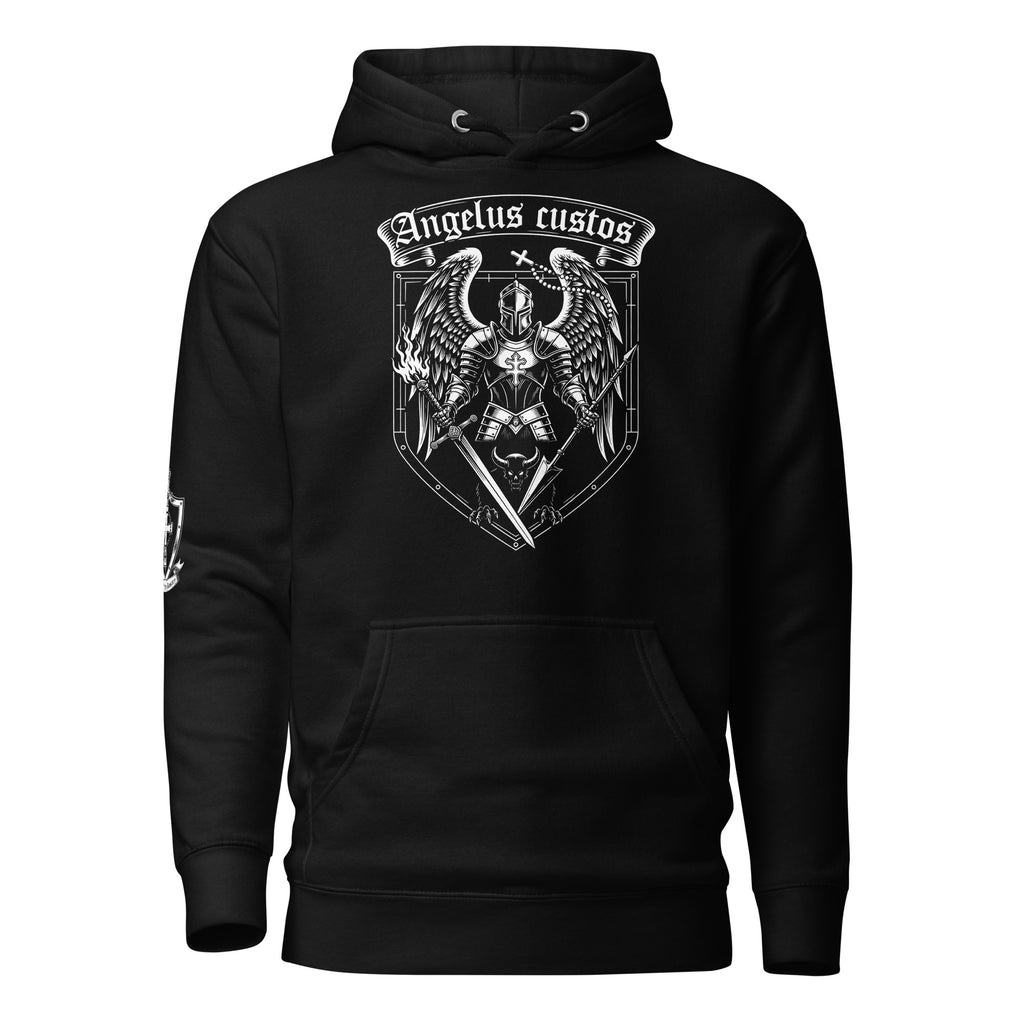Black Angelus Custos Hoodie, front, Angelus Custos guardian angel art