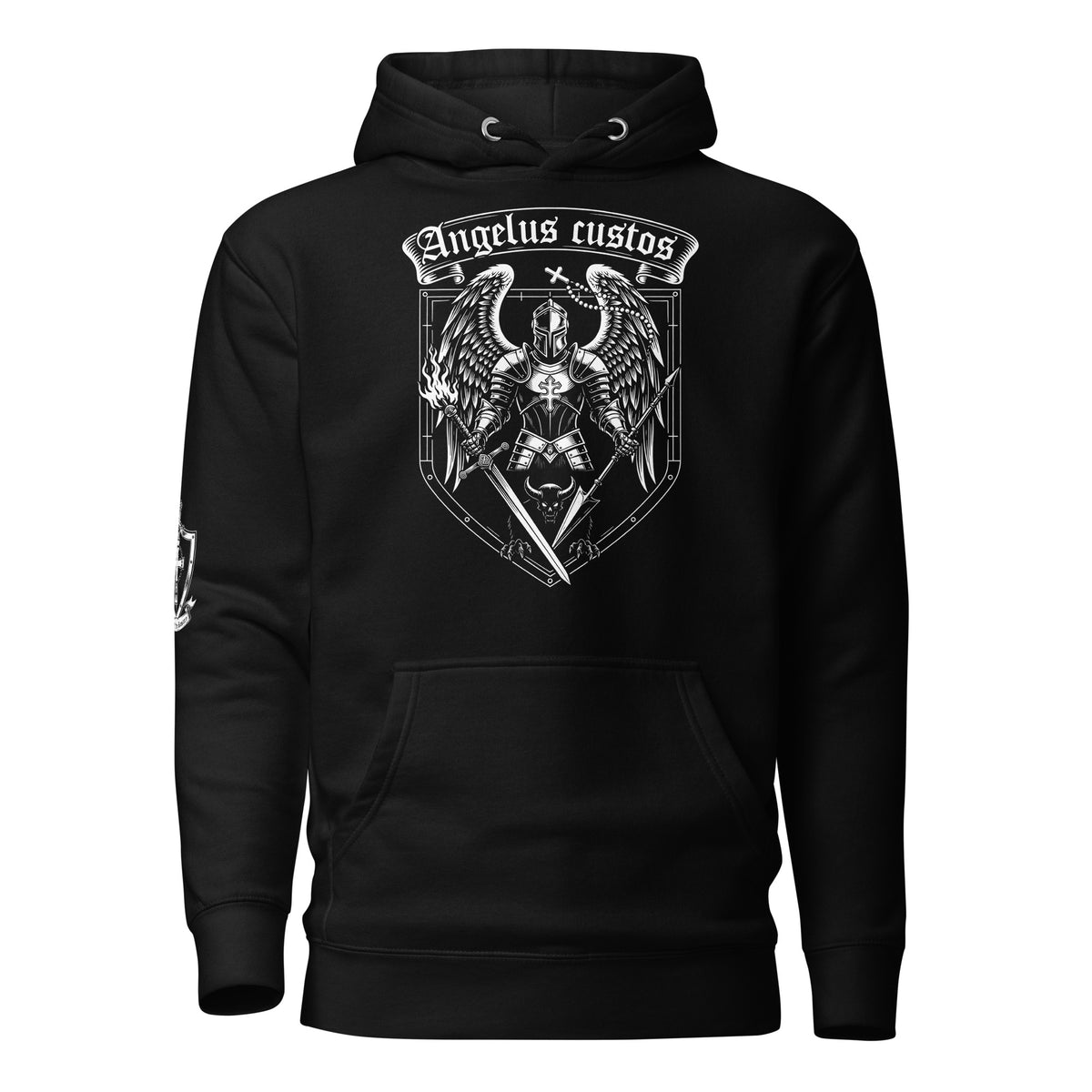 Black Angelus Custos Hoodie, front, Angelus Custos guardian angel art