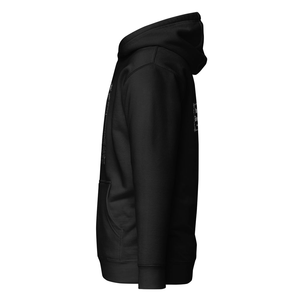 Black hoodie, left-side profile view; no readable design text visible.