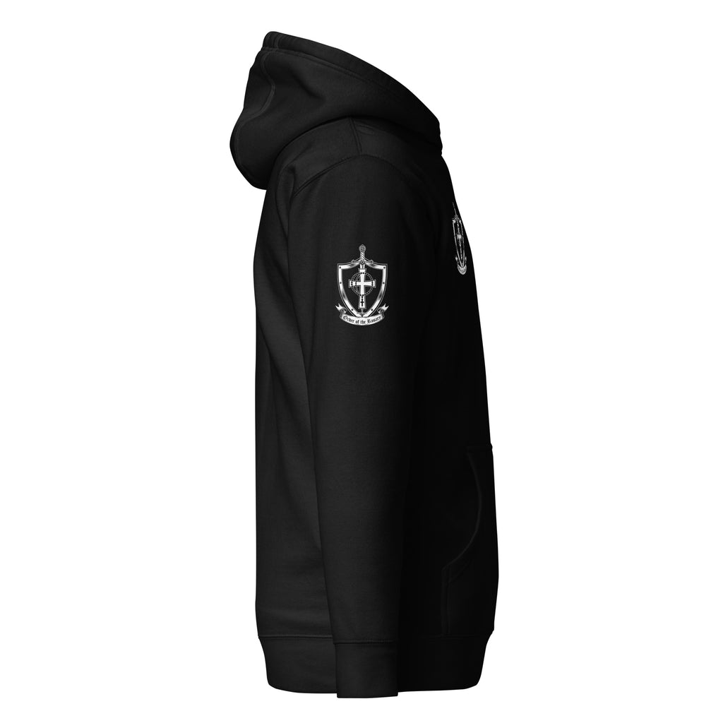 Black hoodie, right-side profile view with a white crest on the sleeve; no readable text.