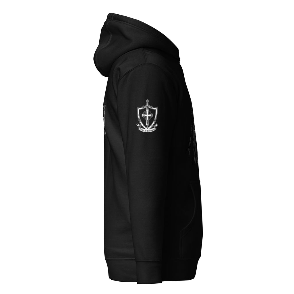 Black hoodie, right-side profile view with a white crest on the sleeve; no readable text.