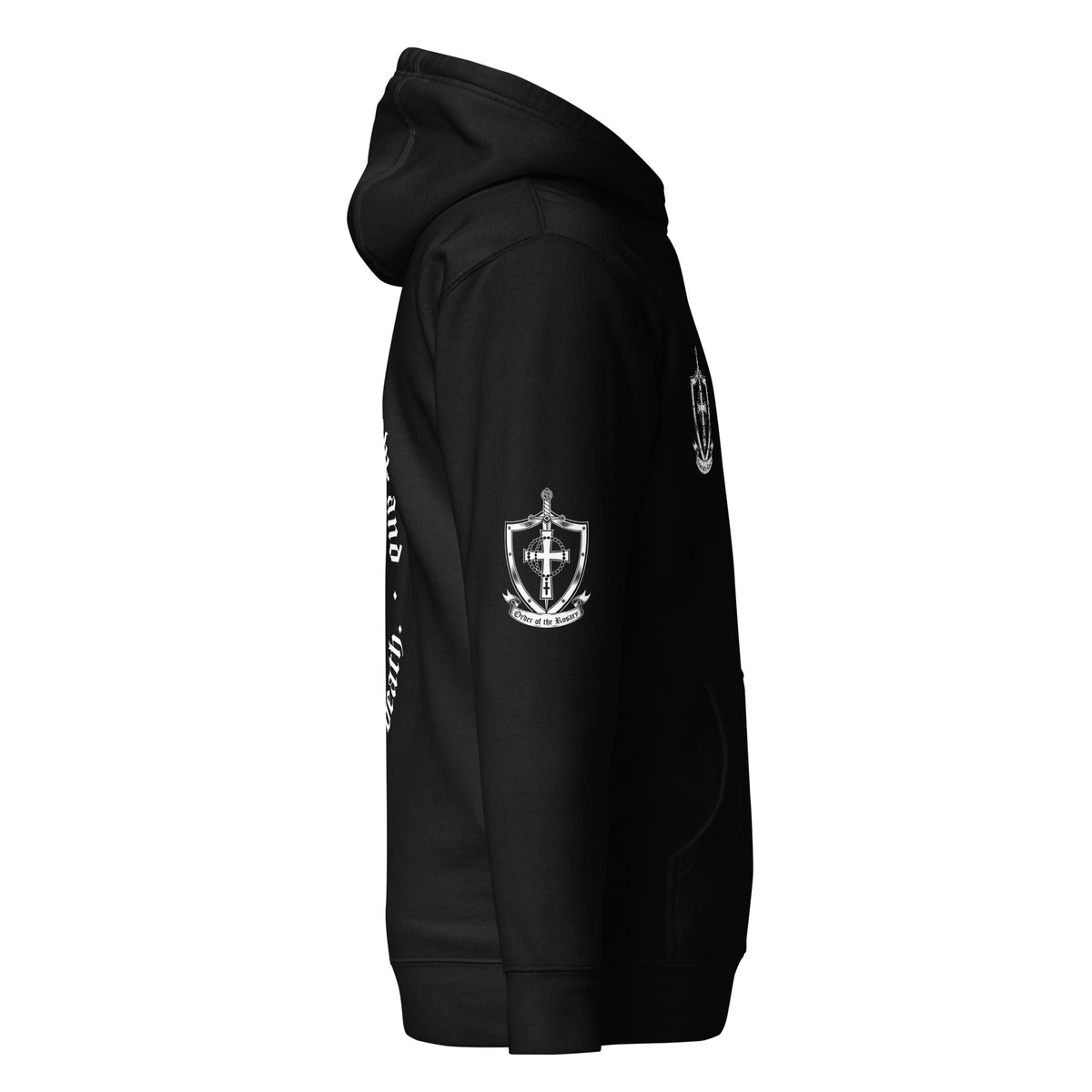 Black Hail Mary Hoodie, right side view, sleeve crest