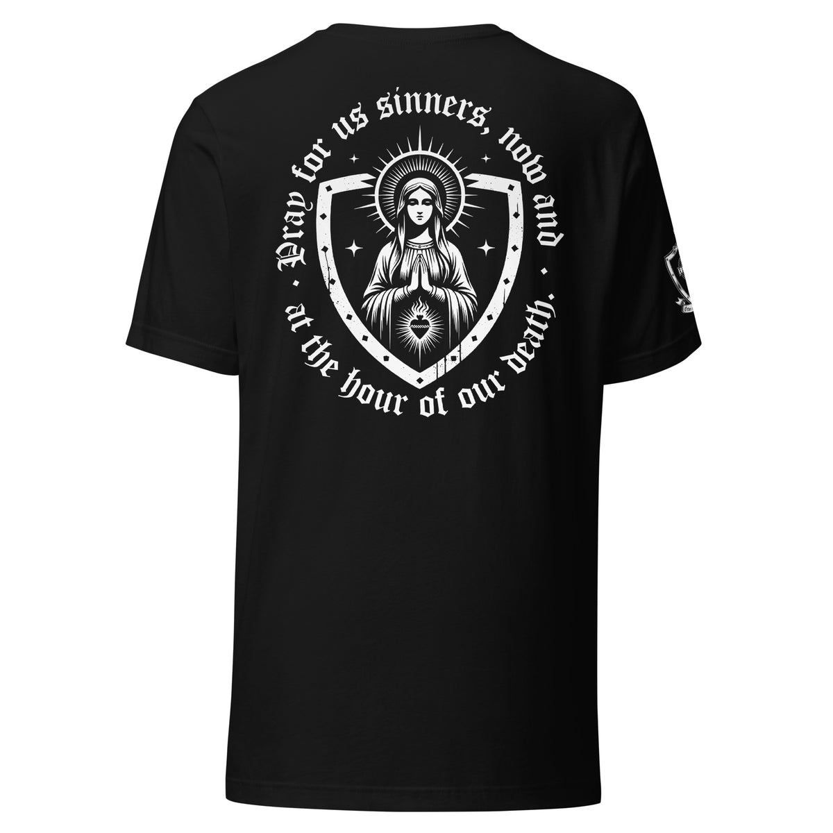 Black Hail Mary T-shirt, back, Hail Mary art, "Pray for us sinners" text