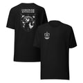 Black T-shirt, front and back; back reads CORONAM SPINEAM and shows a crest, front shows a crest.