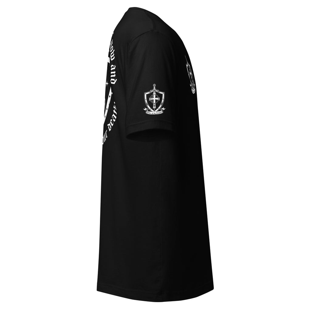 Black Hail Mary T-shirt, right side view, sleeve crest